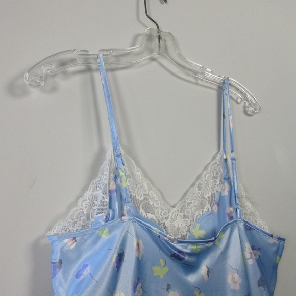 Morgan Taylor Intimates Slip Dress L Blue Satin Lace Trim Floral Lingerie 92 - Picture 4 of 10